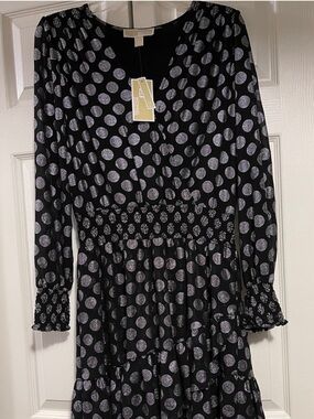 Michael Kors Black Long-Sleeve Polka Dot Smocked Waist Dress